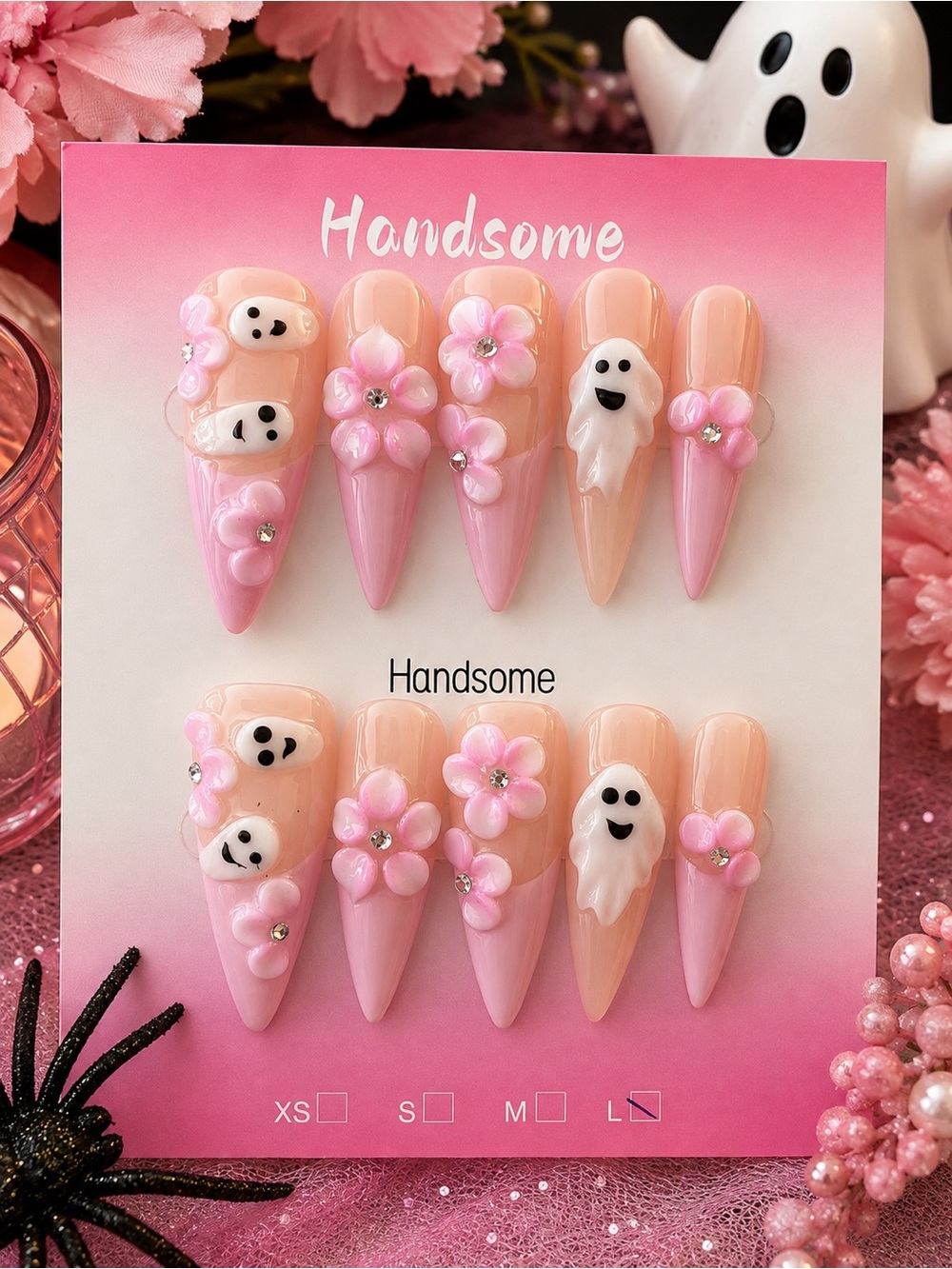 👻🌸 Pink Floral Ghost Press-On Nails – Size Large 🌸👻